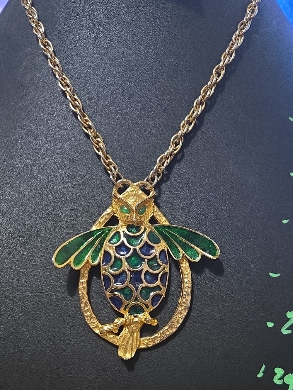 Rare Les Bernard Gold-Tone Green & Blue Enamel Owl Pendant Necklace